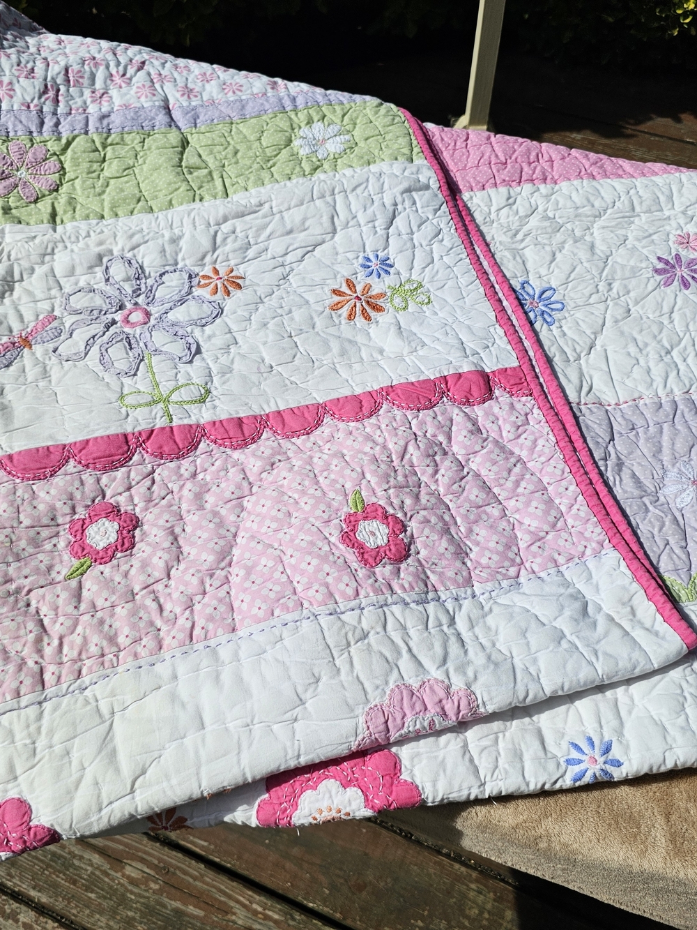Pottery Barn Kids Floral Patchwork Pink & White Quilted Bedding w/ Matching Sham